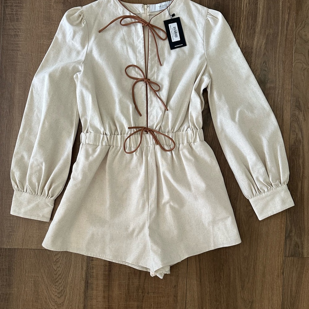 Cream Long Sleeve Romper with Brown Tie